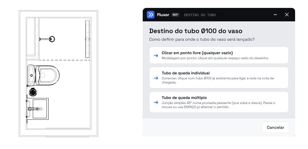 Janela Destino do tubo Ø100 do vaso com as opções ponto livre, tubo de queda individual e tubo de queda múltiplo