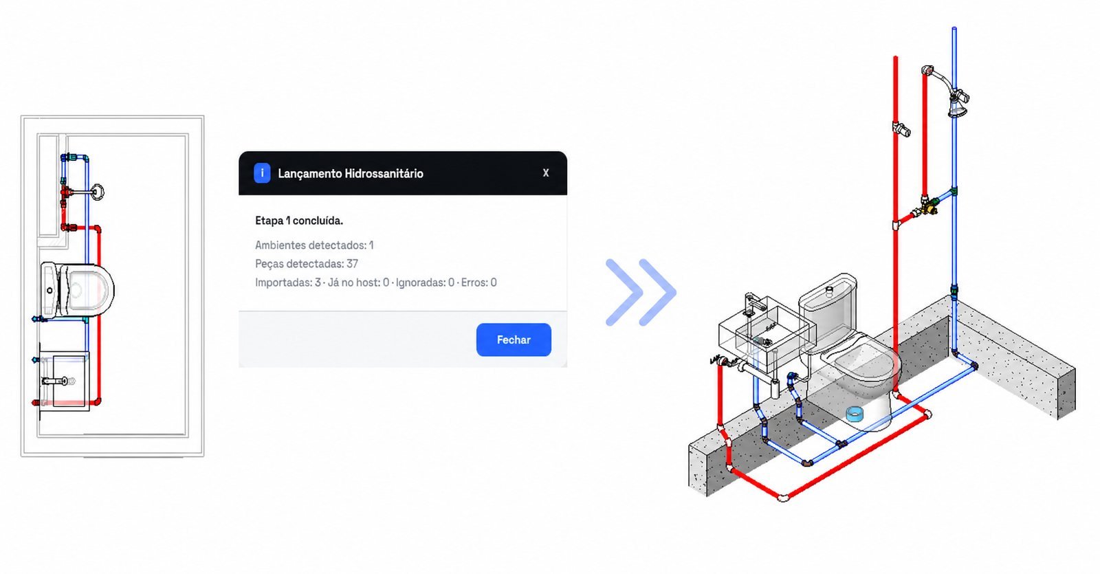 Banheiro em planta, o resumo do Lançamento Automático e a rede de água fria (azul) e quente (vermelha) em 3D