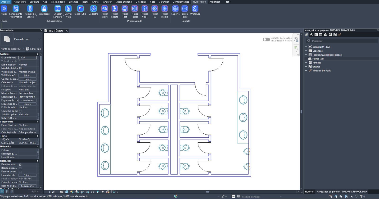 Planta do banheiro coletivo no Revit com o DWG do arquiteto importado: bacias e lavatórios ainda são blocos do CAD