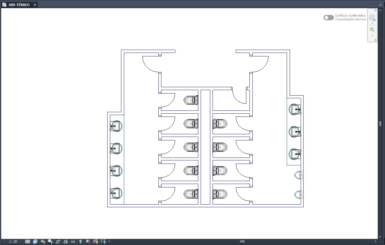 Planta de banheiro coletivo com as bacias sanitárias e os lavatórios do DWG já convertidos em famílias do Revit