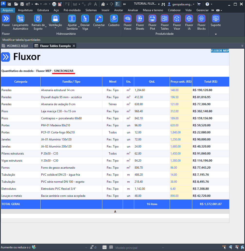 Tabela no Revit com o título Quantitativo do modelo - Fluxor MEP - SINCRONIZAR após sincronizar, o trecho novo sublinhado em vermelho