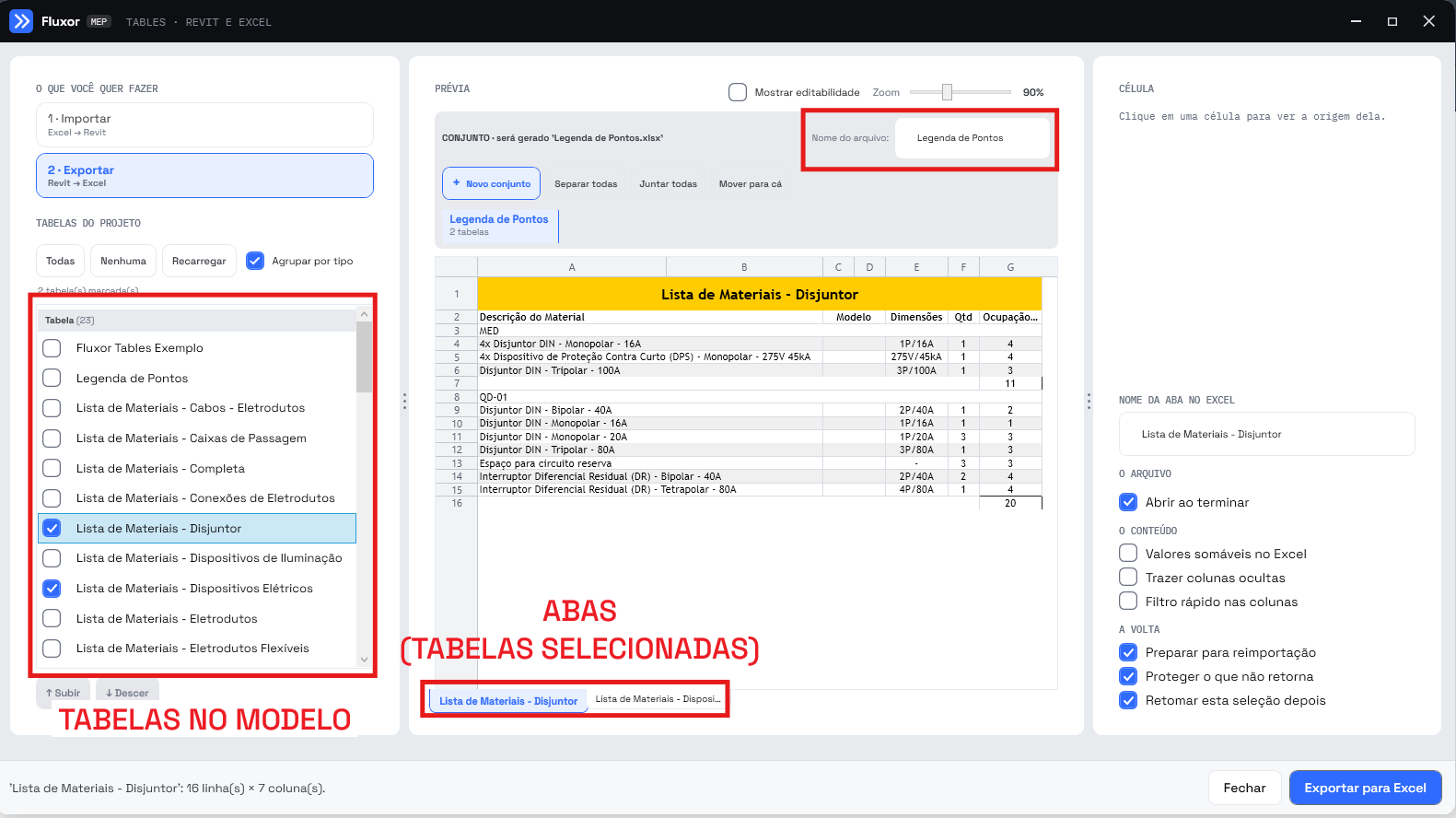 Modo Exportar com três marcações: a lista TABELAS DO PROJETO (tabelas no modelo) com Disjuntor e Dispositivos Elétricos marcadas, o campo Nome do arquivo e as duas abas no rodapé da prévia (tabelas selecionadas)