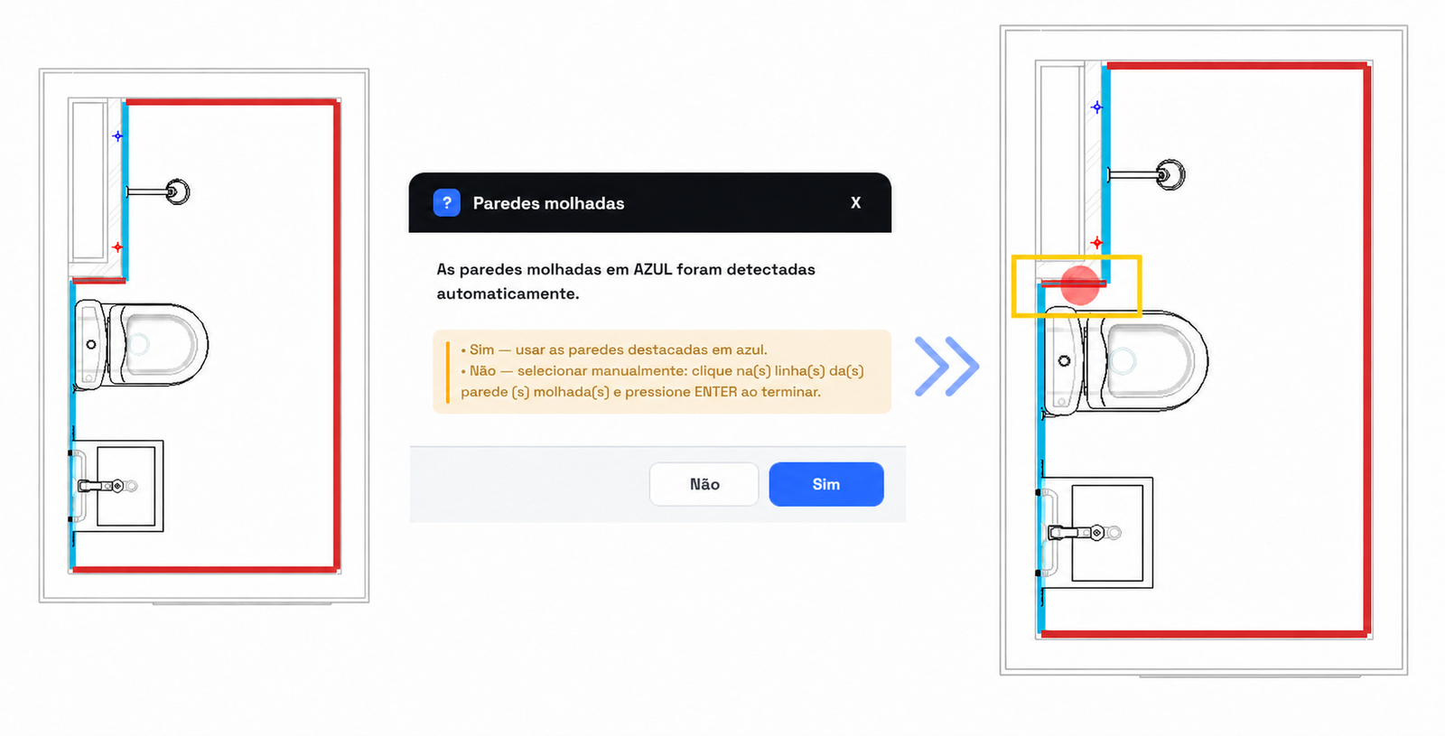 Detecção automática e inclusão manual de um trecho de parede molhada