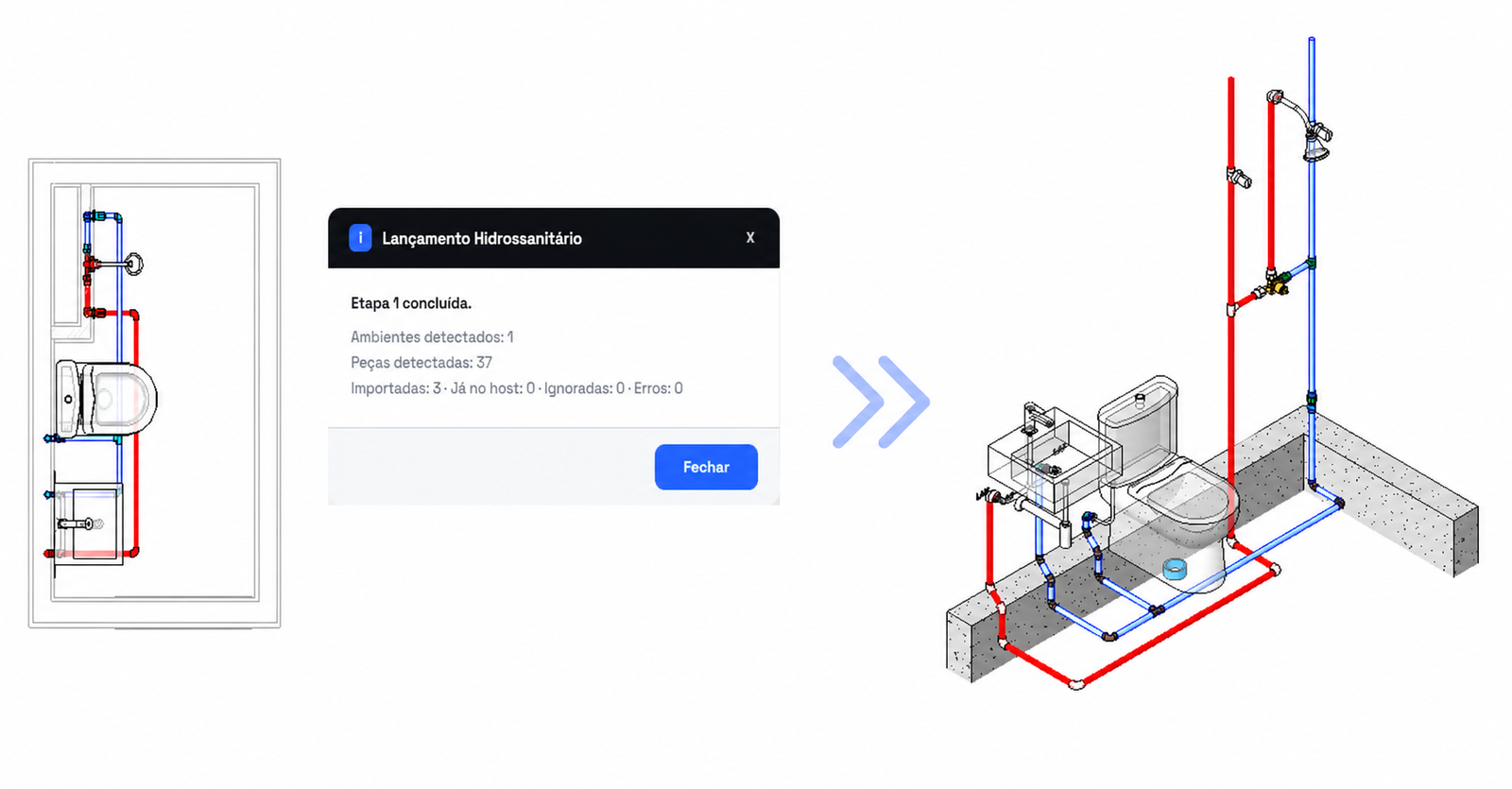 Resumo do processamento e resultado 3D das redes de Água Fria e Água Quente