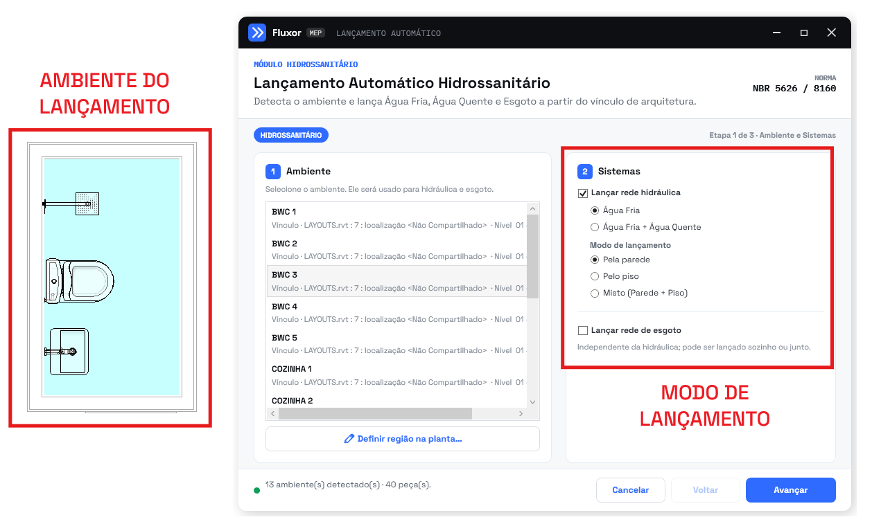 Ambiente selecionado e sistema de Água Fria marcado na janela do Lançamento Automático