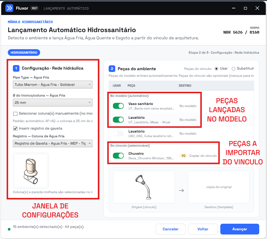 Configurações da rede hidráulica e peças atendidas pela rede de Água Fria