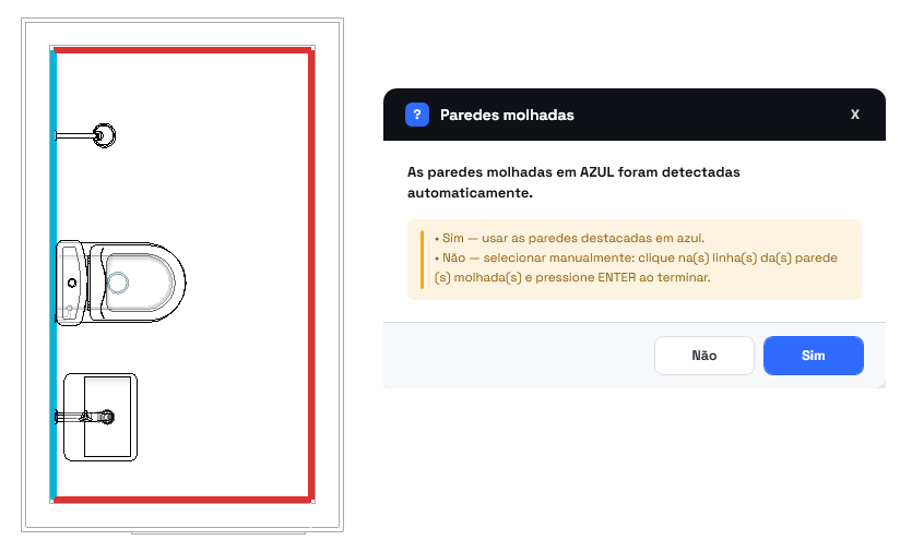 Parede molhada destacada em azul e janela para confirmar a detecção
