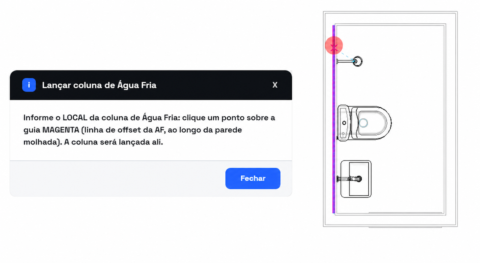 Janela para lançar a coluna de Água Fria ao lado da guia magenta de posicionamento