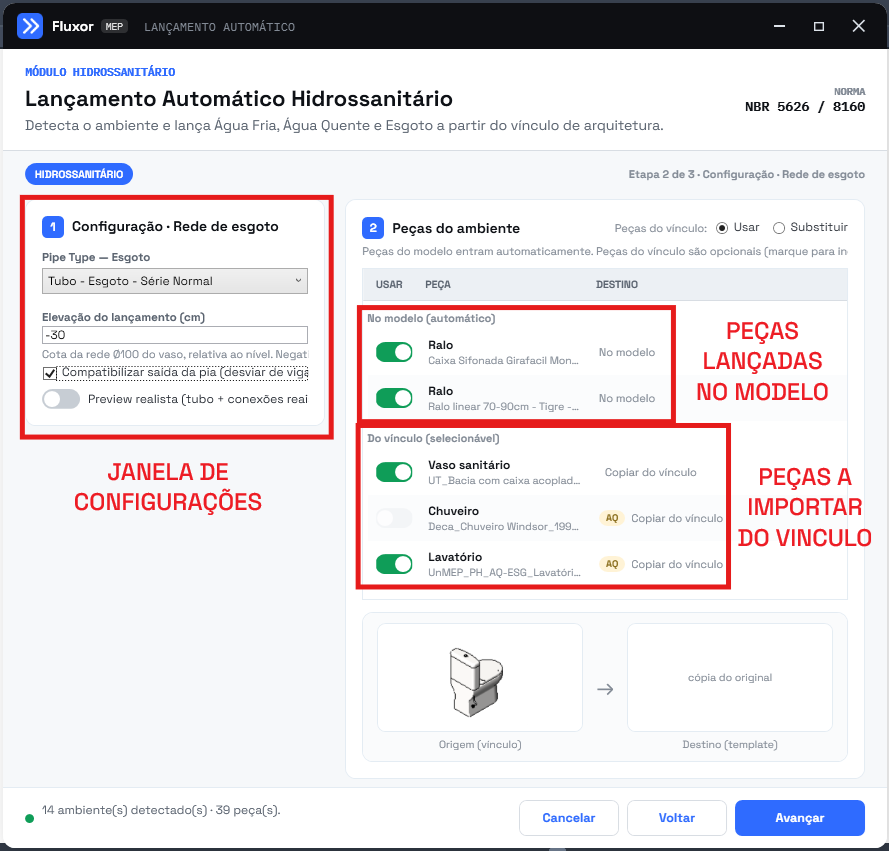 Configuração da rede de esgoto e seleção das peças