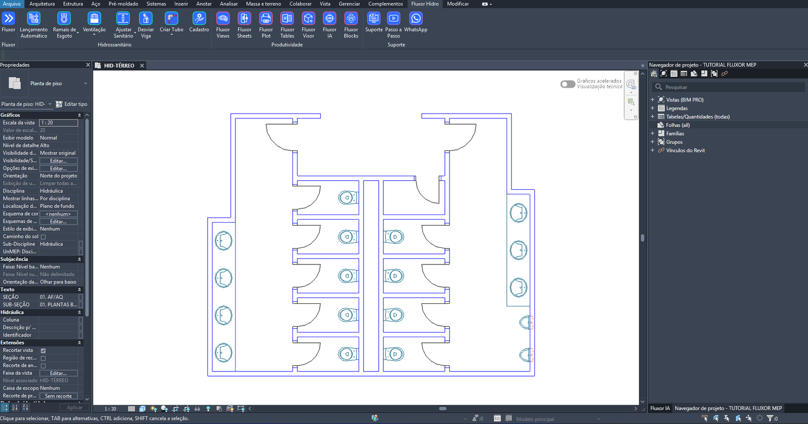 Planta do banheiro coletivo no Revit, com os blocos de vaso sanitário e de lavatório vindos do DWG
