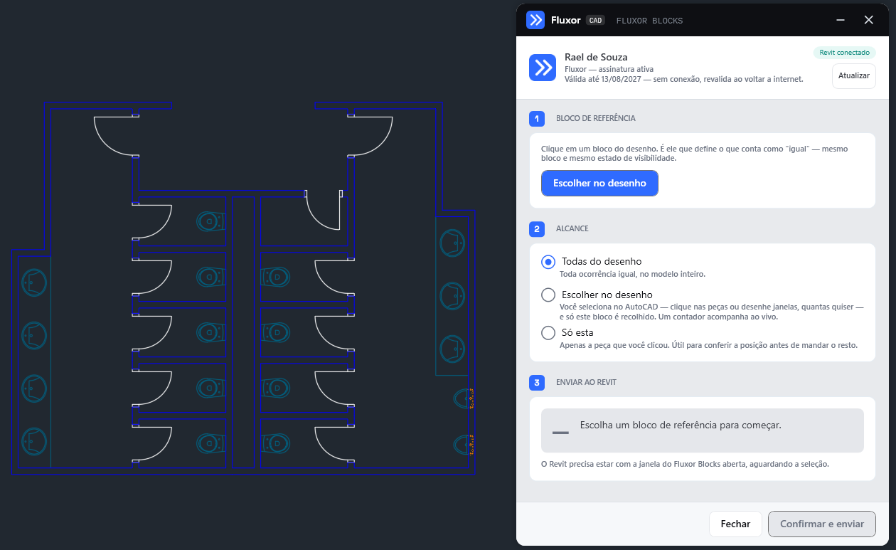 Janela do Fluxor Blocks aberta no AutoCAD, com a conta no topo, a etiqueta Revit conectado e os cards Bloco de referência, Alcance e Enviar ao Revit