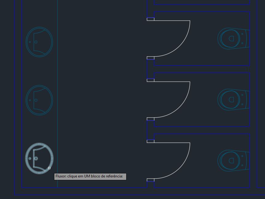 AutoCAD pedindo o clique em um bloco de referência, com o lavatório realçado sob o cursor